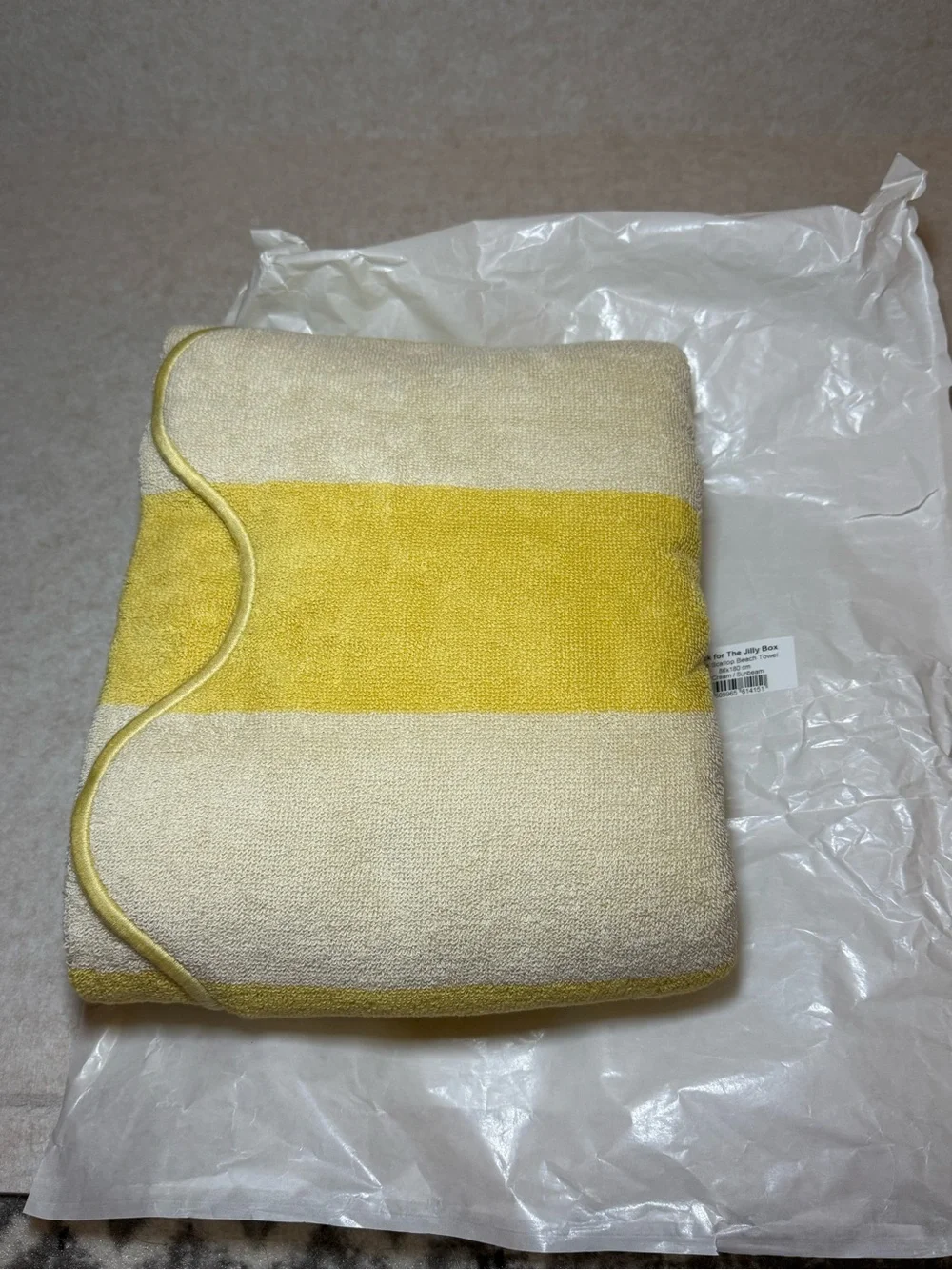 The Jilly Box Summer 2026 Tuck Scalloped Yellow Stripe Beach Towel Portugal NWT